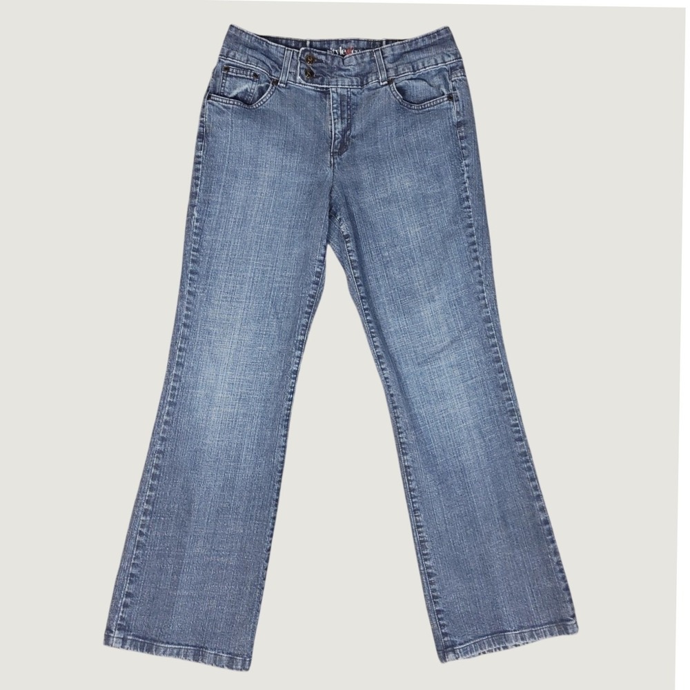 Style & Co Women Flare Leg Jeans Medium Wash Blue Embroidered Pockets Size 12